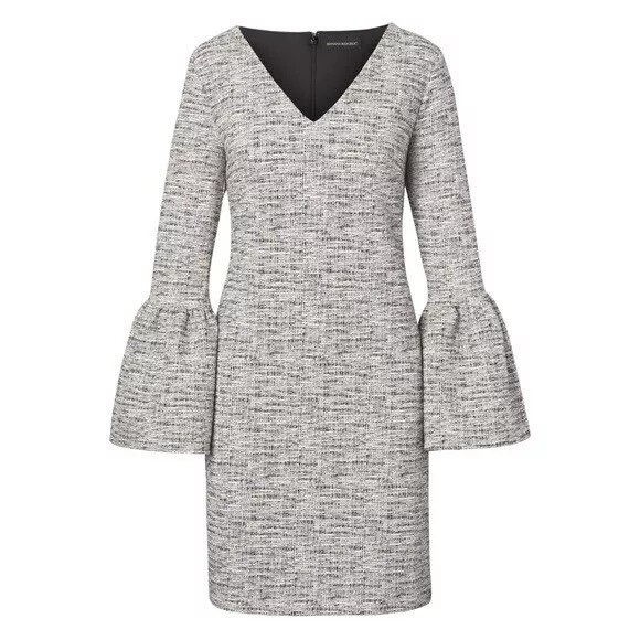 Banana Republic Women’s shift Dress Black White Tweed Bell Sleeve V Neck large - Picture 1 of 8